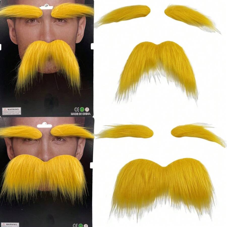 3pcs/Set St. Patrick's Day Gentleman Mustache Costume Party Prop, Includes Yellow Mustache & Eyebrows - Yellow - View 1