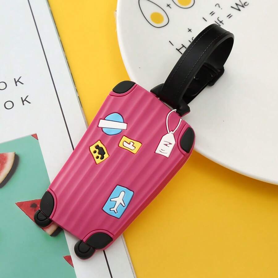 PVC Luggage Tag With Cartoon Suitcase Pattern (Grey, Pink) Travel Bag Tags, Suitcase Label, Soft Rubber Travel Tag With Removable Buckle - Soft Rubber Luggage Tag For Suitcase, Silicone Boarding Tag For Rolling Suitcase, Suitable For Cards (Bank Card, Student ID, Transit Card) - 粉色 - 查看 1