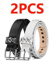 2pcs Women's Belts, Fashion Rivet Belts, Pin Buckle Belts, Street Punk Hip Hop Style Y2K Belts, Suitable For Skirts And Jeans, Autumn, Halloween - 2pc Black + White - View 11