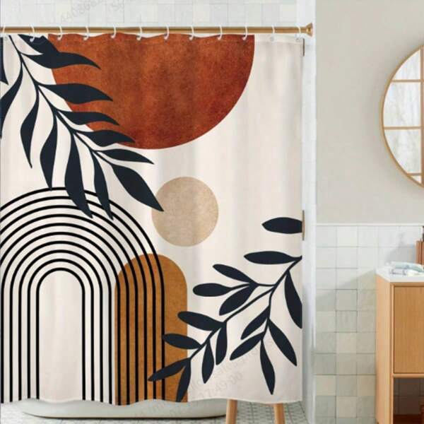 Conjunto de cortina de ducha abstracta bohemia de mediados de siglo, hojas geométricas marrones, decoración minimalista moderna y estética de arco, sol y planta