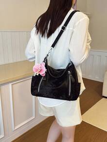 Merlard 复古 2025 纹理大容量时尚百搭单肩包、高端沙滩包、托特包、购物袋、大包、小众纹理手提包、拉链双肩带斜挎包 - 黑色 - 查看 5