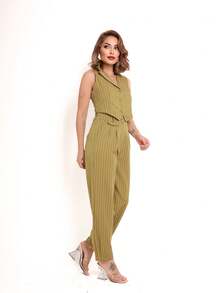 Women's Two-Piece Set With Striped Vest And Pants - 駝色 - 查看 3