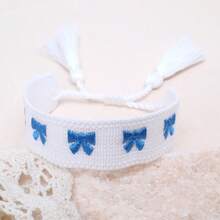 1pc Embroidered Bow Handmade Braided Bohemian Fashion Bracelet, Suitable As Gift For Family, Friends, Students, Party, Travel, Daily Wear - White B - View 5