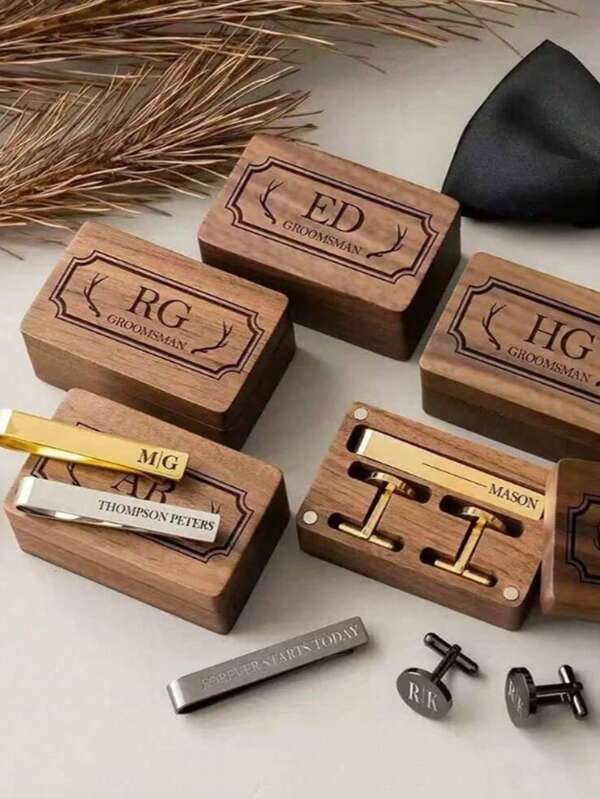 ETSY Engraved Cufflinks Tie Clip Set Box Carved Gift For Dad, Customizable Dad's Name Set