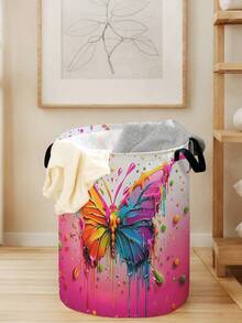 1pc Cartoon Butterfly Pattern Foldable Large Capacity Round Storage Basket With Handle, Multi-Purpose Storage Basket For Nursery, Baby Diaper, Clothes, Accessories, Collapsible Storage Box - Multicolor - View 5