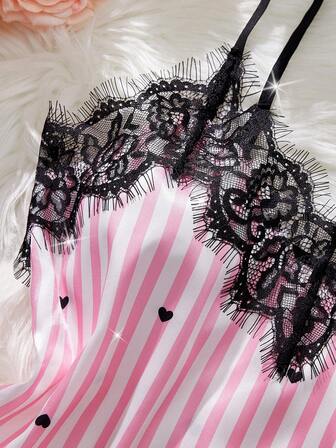 2 Pcs Heart Striped Print Satin Sexy Lingerie Set, Adjustable Shoulder Straps Eyelash Lace V-Neck Cami & Bow Shorts, Women's Erotic Underwear