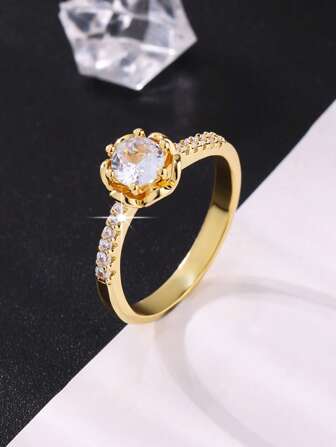 1 szt. Elegancki i delikatny pierścionek, inkrustowany błyszczącą okrągłą cyrkonią sześcienną, odpowiedni na zaręczyny i obrączki ślubne, idealny na urodziny/rocznicę, idealny do noszenia na co dzień