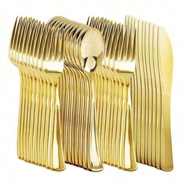 5/10/25/50pcs Gold Plated Cutlery Set, Cake/Salad Fork & Spoon, Dessert/Sushi Fork, Pasta Fork, Steak Knife, Salad Utensils, Reusable Flatware Set, Suitable For Parties, Birthdays, Outdoor Events, Weddings, Family Gatherings, Retirement, Housewarming, Christmas