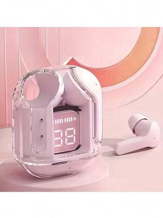 STSEarConect 1 par de auriculares estéreo inalámbricos transparentes con pantalla LED de energía, estuche de carga tipo C, compatible con todos los teléfonos inteligentes, adecuado para juegos, música, exteriores/negocios, adultos, micrófono capacitivo, batería de ión de litio recargable