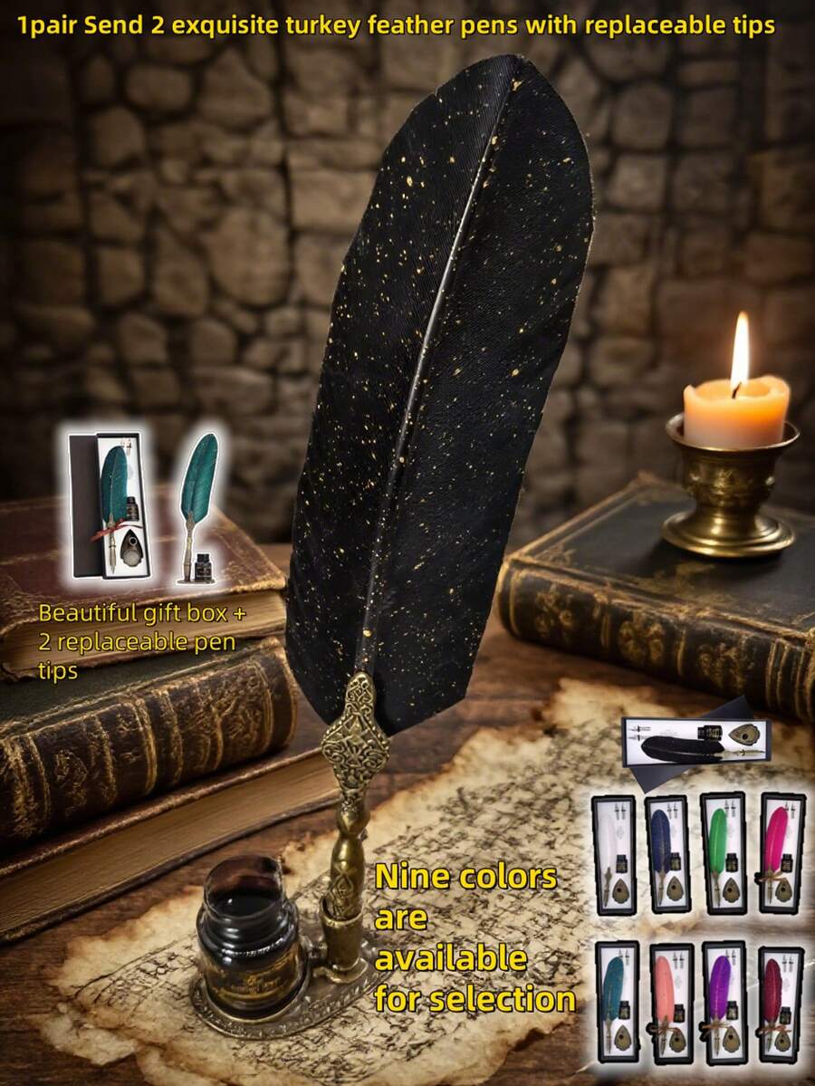 1 件羽毛笔套装、闪闪发光的羽毛笔套装、古董书法墨水笔（带墨水）、2 个替换笔尖、笔架底座、豪华复古签名笔、复活节和万圣节写信笔。 - 彩色 - 查看 1
