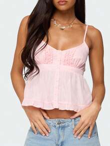 Women Ruffle Tank Top Front Button Front Button Spaghetti Strap Camisole Y2K Summer Sleeveless Crop Tops Cute Slim Cami Tops Casual Going Out Blouse Streetwear - 粉色 - 查看 2