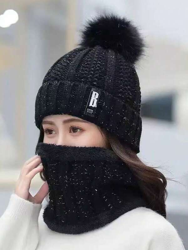 1 Set Women's Casual Simple Letter Thermal Lined Warm Hat And Scarf Combo, Fashion Versatile Knit Beanie Set, Suitable For Outdoor, Daily Wear In Autumn/Winter Winter Warm