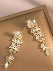 1 对优雅叶花 CZ 女士长款婚礼耳环，带 AAA 方晶锆石吊坠耳环珠宝 - 金黃色 - 查看 8