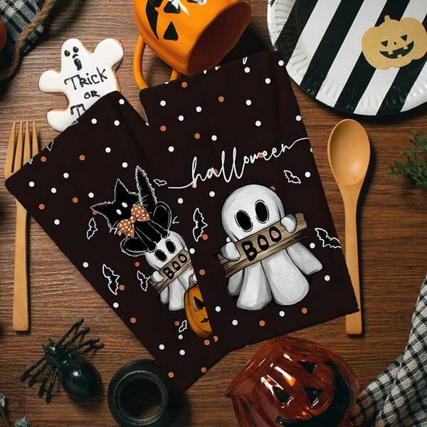 Halloween Ghost Kitchen Dish Towels Set Of 2/4/6/48, Spooky Jack O Lantern Pumpkin Drying Hand Towels Baking Cooking Cloth, Here For The Boo Bat Funny Home Kitchen Decoration