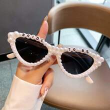 1Pc Women New Full Frame Cat Eye Shaped Fashion Glasses Stylish White Glasses With Faux Pearls Fashion 'Birthday Queen' Letter Frame Multicolor Chic Suitable Birthday Parties And Shows For Summer Beach Vacation,Outdoor,Travel Preppy Style For Back To School