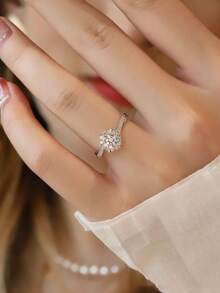 1 chiếc nhẫn đính hôn/cưới bằng đá Zirconia dành cho nữ, thời trang, sang trọng, lãng mạn, phong cách thanh lịch, thiết kế độc đáo, nhẫn hở có thể điều chỉnh tinh tế, quà tặng ngày lễ tình nhân - Bạc - Xem 4