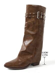2025 秋冬西部风格尖头叠跟高筒靴女靴，复古长腿靴，牛仔靴 - 棕色 - 查看 8