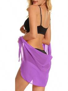 Swimsuit Coverups Women Sarong Beach Bikini Wrap Sheer Short Skirt Chiffon Scarf Swimwear - 淡紫色 - 查看 3
