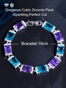 1 件精美镀银 CZ 紫色和蓝色方晶锆石方形网球串珠链式手链，适合新娘、珠宝、新娘、婚礼、派对、舞会、女士、女友、圣诞礼物 - 藍色 - 查看 11