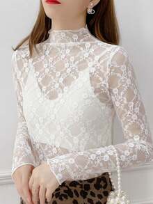 2025 新款性感蕾丝上衣，女式高领蕾丝吊带背心，薄网眼覆层上衣，白色 - 白色 - 查看 5