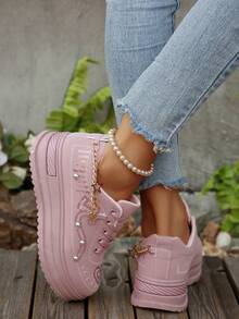 2025 Spring/Autumn New Platform Sneakers For Women, Thick Sole Casual Chunky Sneakers, Rhinestone Hook And Loop High Heel Wedge Sneakers - Pink - View 5