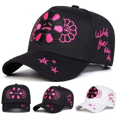 1 pieza Gorra de camionero con bordado de flor y cara llorando para mujer, gorra de béisbol personalizada con bordado, gorra de cinco paneles de moda callejera, gorra casual de protección solar para exteriores, adecuada para primavera, otoño, viajes, playa