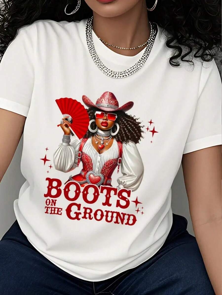 Women's White Cotton T-Shirt With "Boots On The Ground" Anime Graphic Print - Casual Short Sleeve Round Neck Tee For Summer Parties & Casual Attire, Ladies T Shirts, Comfortable Fit - 黑色 - 查看 1