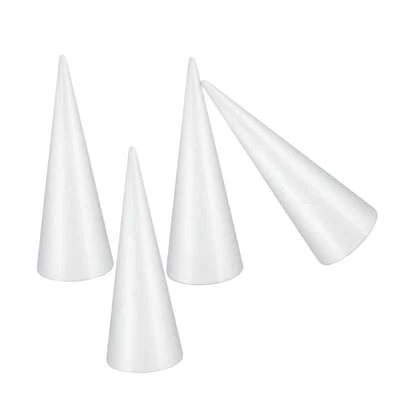4 件/套 25 厘米光滑聚苯乙烯泡沫锥，适用于工艺品、艺术项目、学校活动、婚礼、圣诞节、家居装饰和各种派对，白色工艺泡沫