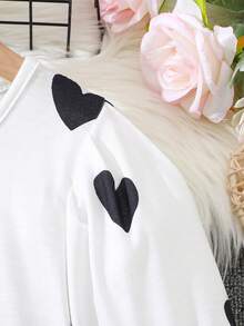 2pcs/Set Girls Fashion PU Leather Skirt Outfit, Streetwear Style Skirt + Heart Print Long Sleeve Top