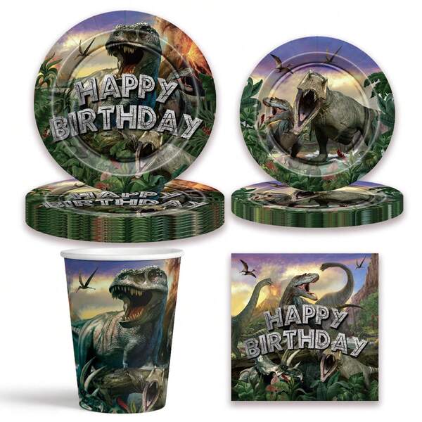 3D Dinosaur Themed Disposable Party Tableware Set, Includes Disposable Paper Plates, Cups And Napkins