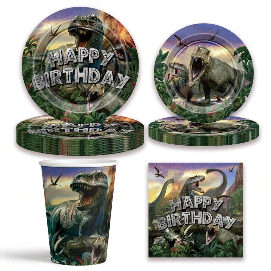 Bộ đồ ăn tiệc dùng một lần chủ đề khủng long 3D, bao gồm đĩa giấy, cốc và khăn ăn dùng một lần - Xám - Xem 1