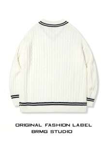 Maglione a maniche lunghe casual e ampio da uomo con scollo a V e motivo a righe, lavorazione a trecce, versatile per l'autunno e l'inverno