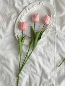 3pcs Artificial Tulip Flowers Decor, Home Decoration Accessories, Fake Flowers For Living Room & Bedroom - Dusty Pink - View 3