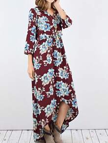 Boho Retro Polka Dot Rayon Mix Casual  Maxi Dress With Folded Cap Sleeve Side Pockets Versatile Summer Dress For Women - 酒紅色 - 查看 6