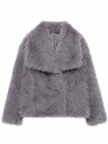 LEILEIBEI Nouvelle veste courte à col en fausse fourrure de renard épaissi pour l'automne/l'hiver, vêtement d'extérieur mi-long à effet fourrure jeune et - Gris foncé - Voir 2