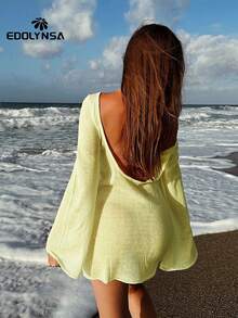 性感露背喇叭袖夏季海边女士纯色针织沙滩迷你裙2025透视短裙泳装罩衫 - 黃色 - 查看 6