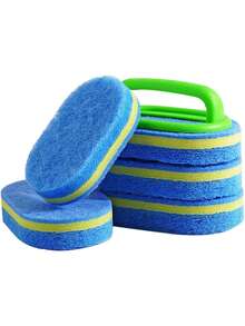 1 pieza Cepillo de limpieza multifuncional con mango (color aleatorio), cepillo de baño para azulejos y baldosas engrosado y ampliado, cepillo de limpieza para ollas y fregaderos, con esponja fuerte para fregar, apto para limpieza multiusos, incluyendo baños, cocinas y pisos, puede limpiar eficazmente manchas de grasa en bañeras, azulejos, estufas y vidrio.