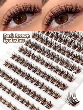 120 片 D 卷深棕色睫毛簇 8-16 混合长度柔软蓬松纤细睫毛簇自然外观棕色睫毛延长在家睫毛簇、睫毛簇、单根睫毛、睫毛、假睫毛