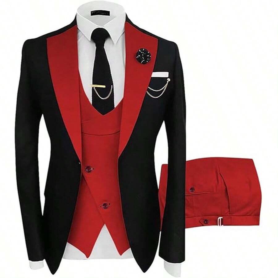 Tuxedo For Men 3 Piece Men's Suits Slim Fit Mens Suit Double Breasted Tux Blazer Vest Pants Wedding Suits Man - 紅色 - 查看 1