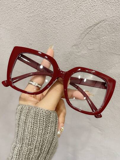 1 Kính gọng vuông PC màu đỏ tía đơn giản cho nữ, tròng kính trong suốt, thích hợp đeo hàng ngày, giải trí và chụp ảnh