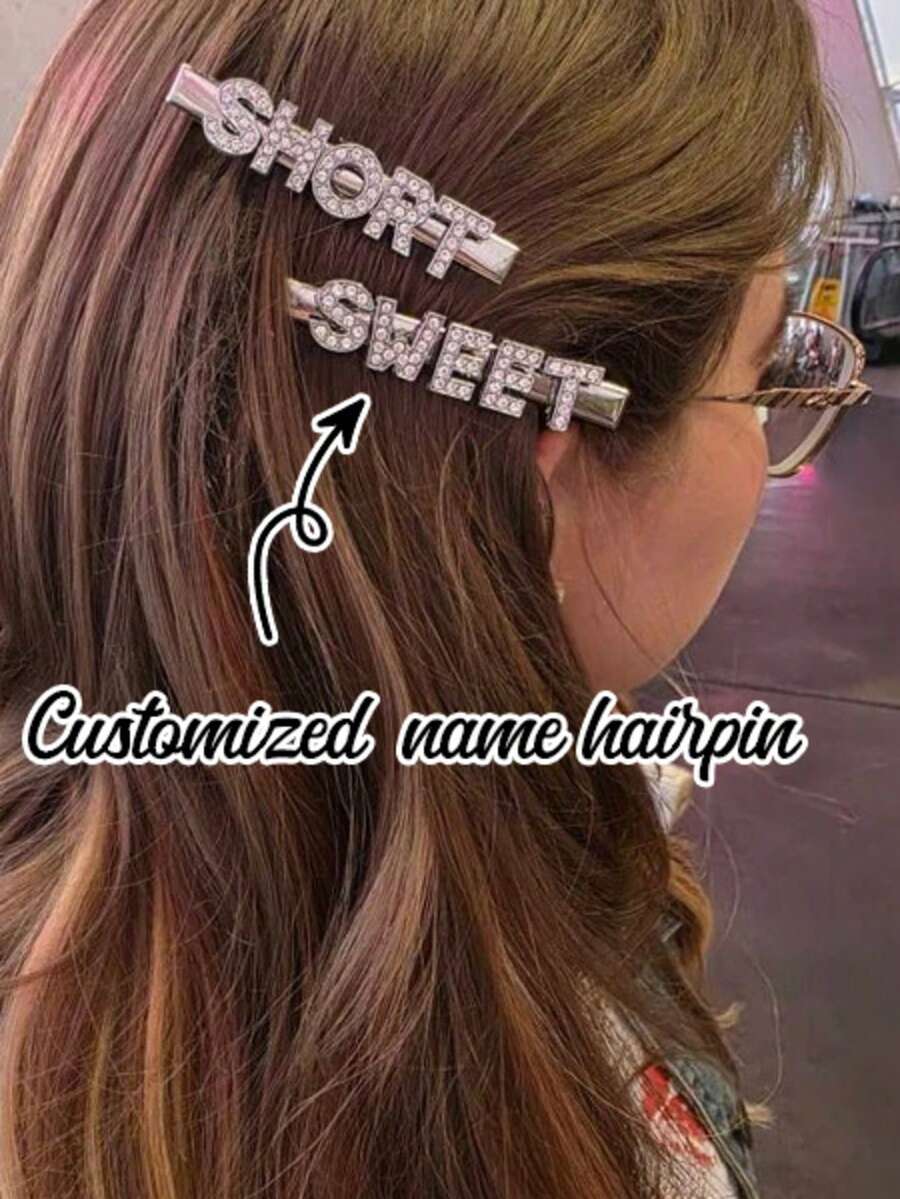 1pc Customized Zirconia Sparkling Hair Clip, Customized Name, Text, Wording, Celebrity/Idol Name, Cute Shiny Hair Accessory, Side Bangs Clip, Back To School Gift, Christmas Gift, Graduation Party, Wedding Bride Hair Clip - Silver - View 1