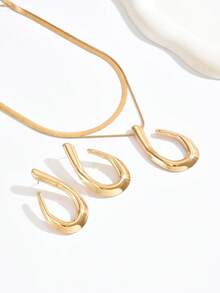 2pcs/Set European & American Style Elegant Necklace & Earrings Jewelry Set, Fashion Minimalist Metal Geometric Asymmetrical U-Shaped Pendant Flat Snake Chain Double Layer Necklace, Suitable For Daily, Travel, Celebration - Golden - View 2