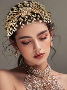 1 pezzo Copricapo da sposa artigianale con cristalli scintillanti dorati e decorazioni floreali, adatto per servizi fotografici nuziali, feste di lusso occidentali, matrimoni, fasce per capelli vintage, accessori per capelli invernali - Champagne - Visualizzare 2