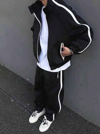 Męski komplet z ocieplaną podszewką, zapinany na zamek, kurtka i spodnie dresowe, odzież na jesień i zimę