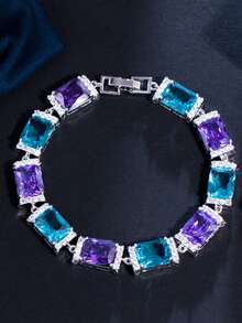 1 件精美镀银 CZ 紫色和蓝色方晶锆石方形网球串珠链式手链，适合新娘、珠宝、新娘、婚礼、派对、舞会、女士、女友、圣诞礼物 - 藍色 - 查看 13