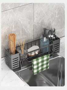 1 soporte para esponja de fregadero de cocina gris/negro, multifuncional, organizador de almacenamiento para cepillos y fregadores.