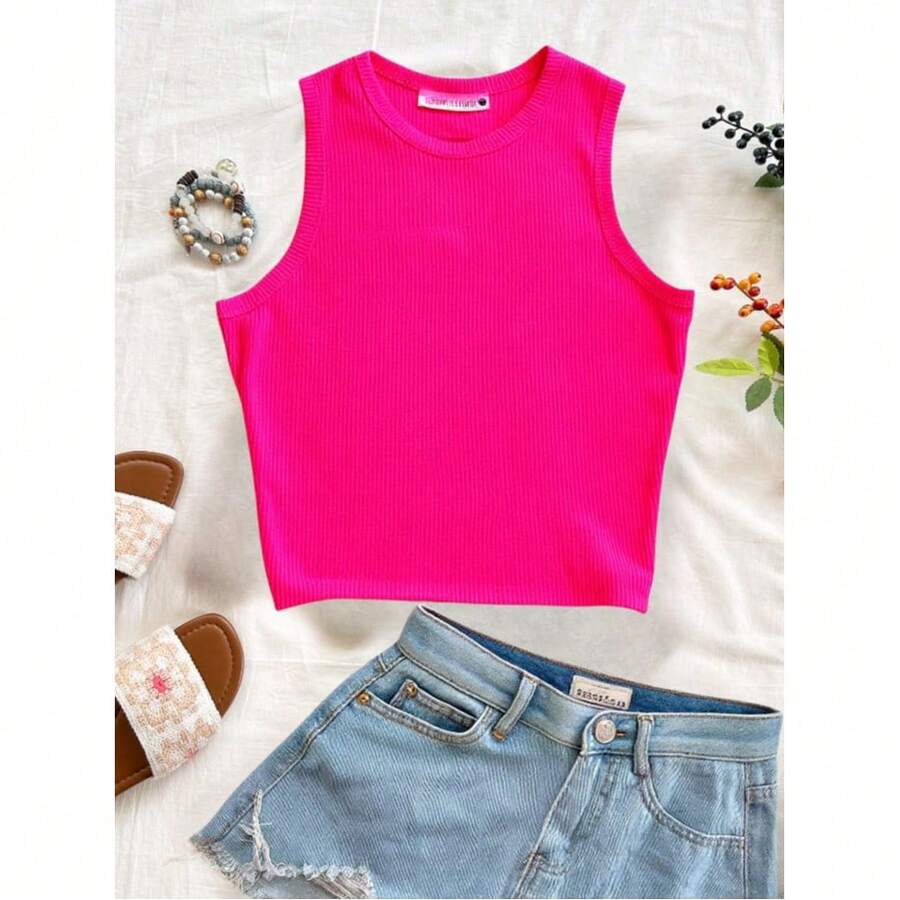 Camiseta casual sin mangas ajustado basico mujer sexy Liso Elegante Casual Canalé Casa - Rosado Sandía - Ver 1