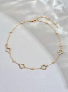 1pc Cubic Zirconia Clover Decor Necklace, Fashionable Flour-Leaf Clover Pendant Beaded Chain Necklace, Stainless Steel Waterproof Jewelry For Women Dating Gift Or Daily Party Wear