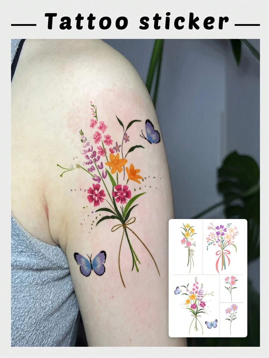1 件高品质时尚多巴胺蝴蝶花束临时纹身，防水、防汗、可水洗，适合女性 - 彩色 - 查看 1