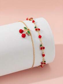 2件套优雅釉面樱桃吊坠脚链，甜美时尚的脚饰，适合日常佩戴、海滩、约会、派对等场合，手工制作，链条随机搭配。